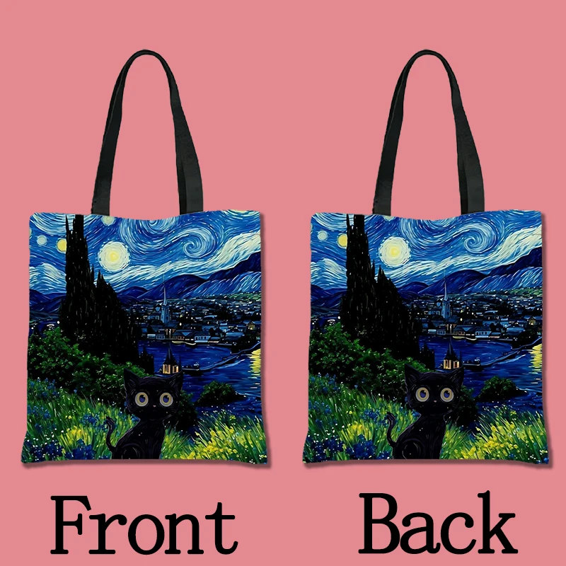 V-Van Gogh Serie Schultertasche, hohe Kapazität, umweltfreundlich, wiederverwendbar, für Damen und Herren, lässige Einkaufstasche, Kawaii-Handtasche mit Cartoon-Motiv. – Detail 3