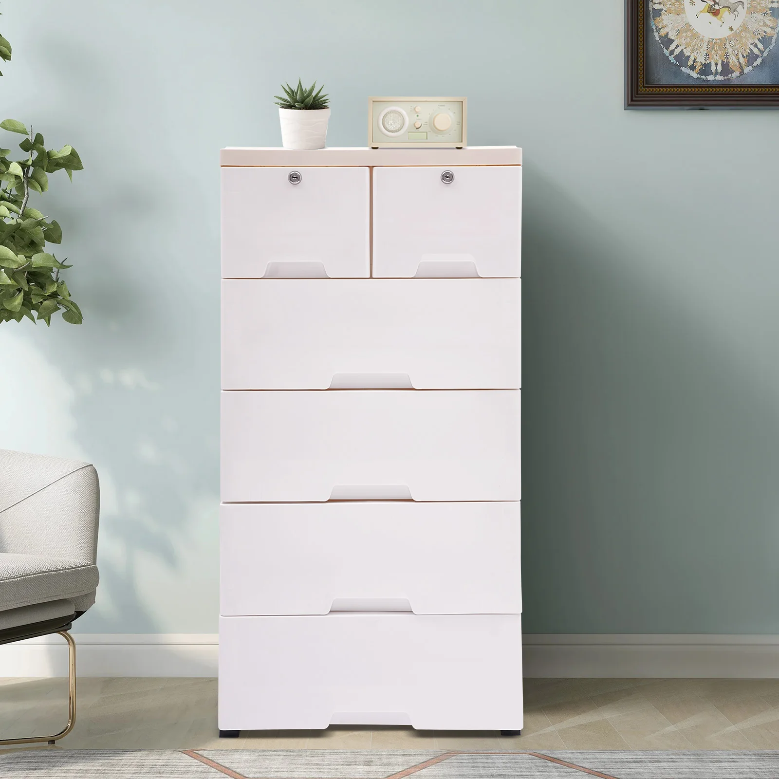 

6-Drawer Plastic Storage Cabinet White Modern Dresser Organizer for Closet Bedroom Office 30kg Capacity Rectangular Drawers Unit