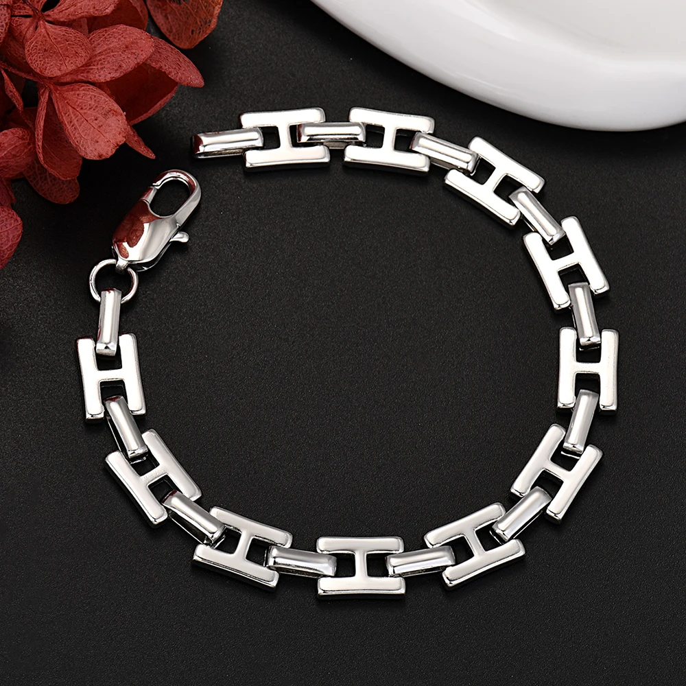 Noble Solid Silver Plated Chain Bracelets for Men Boy Charm Women Wedding Party Gifts 20cm Original Gorgeous