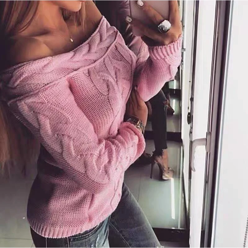 

Fashion Off Shoulder Sweater Women Autumn Slash Neck Knitted Tops Winter Long Sleeve Twists Pullover Loose Clothes Jumper 28580