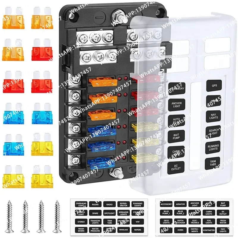 Car Fuse Box Insert Screw with Negative 12-way Fuse Box LED Indicator Boat Car Accessories