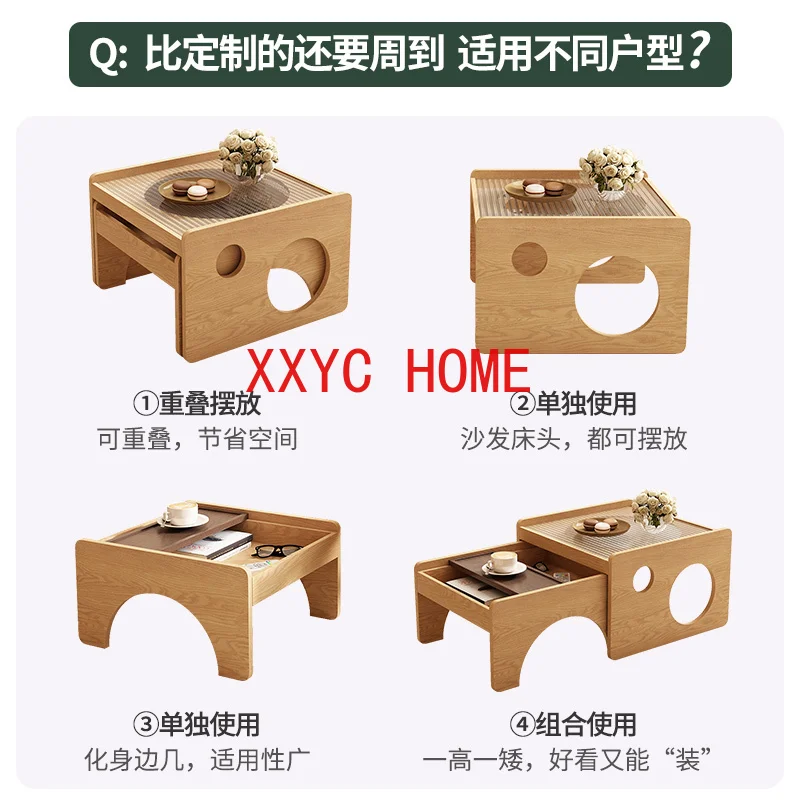 Solid Wood Small Apartment Living Room Home Modern Minimalist Changhong Glass Tea Table Combination