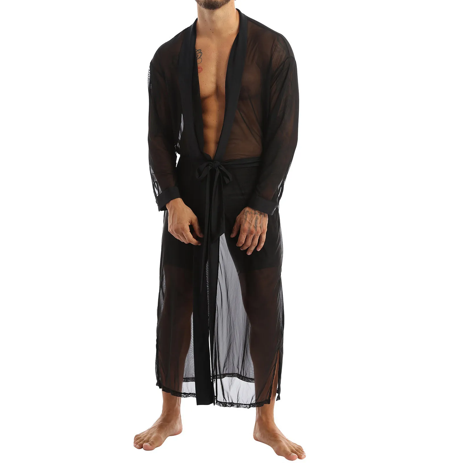 Men Transparent Open Stitch Sexy Lingerie Front Mesh See-through Long Casual Shirt Coat Bathrobe Male Gay Long Sleeve Underwear