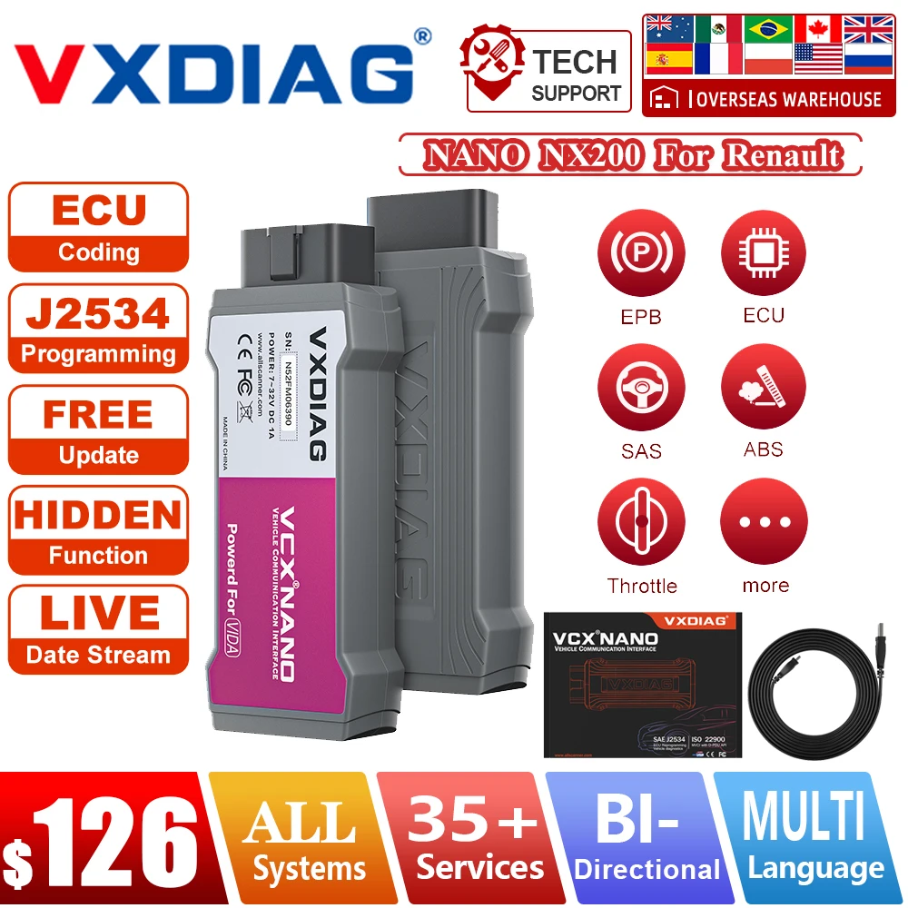 VXDIAG VCX NANO NX200 For Renault Auto All Systems Diagnostic Tool Nano For Renault J2534 ECU Coding/programming OBD2 Scanner