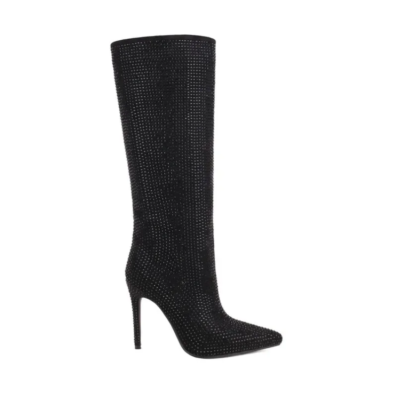 

2023 Full Diamond 11cm Thin Heel Autumn Fashion Boots 35-46 Bar Date Sexy Black Sparkling Racing Party Knee Length Women's Boots