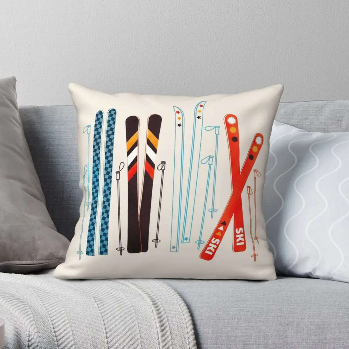 Retro Ski And Ski Poles Pillowcase Polyester Linen Velvet Printed Zip Decorative Sofa Seater Cushion Cover