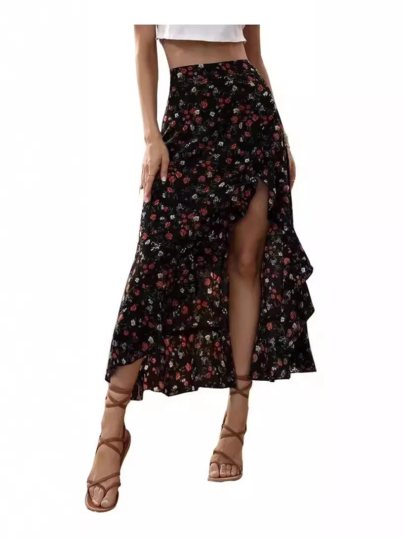 Sexy Side Split Skirt, Printed Ruffle Edge, European and American, Spring, New, 2022