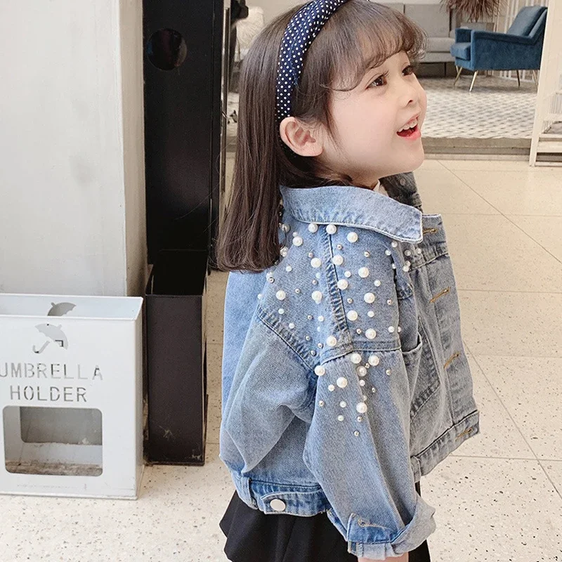 New Spring Autumn Pearl Embellishment Teenage Girls Denim Coat Children Fashion Windbreaker Kids Birthday Present Outerwear