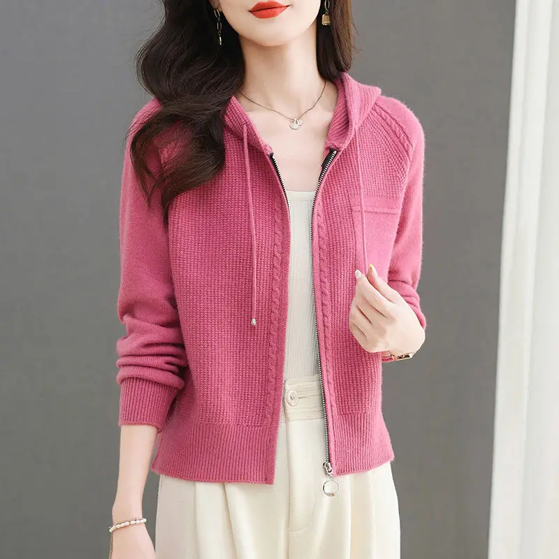 

Rose Red Hooded Knitted Cardigan for Women Short Spring and Autumn New Style with High Belt Hooded Sweater Jacket