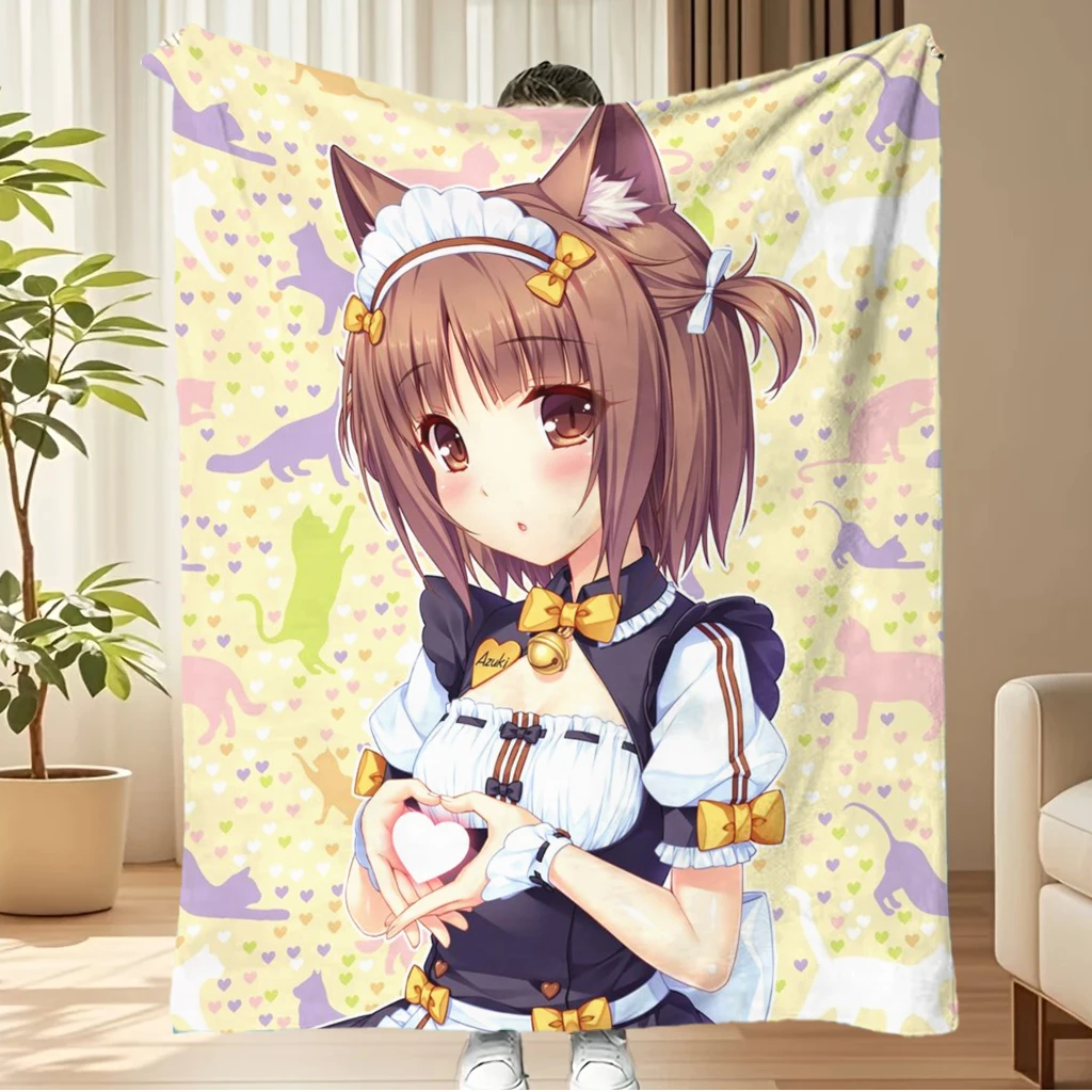 Nekopara Azuki Flanelldecke, niedliche Katzenmädchen-Maid-Überwurfdecke für Schlafzimmer-Sofa-Dekoration