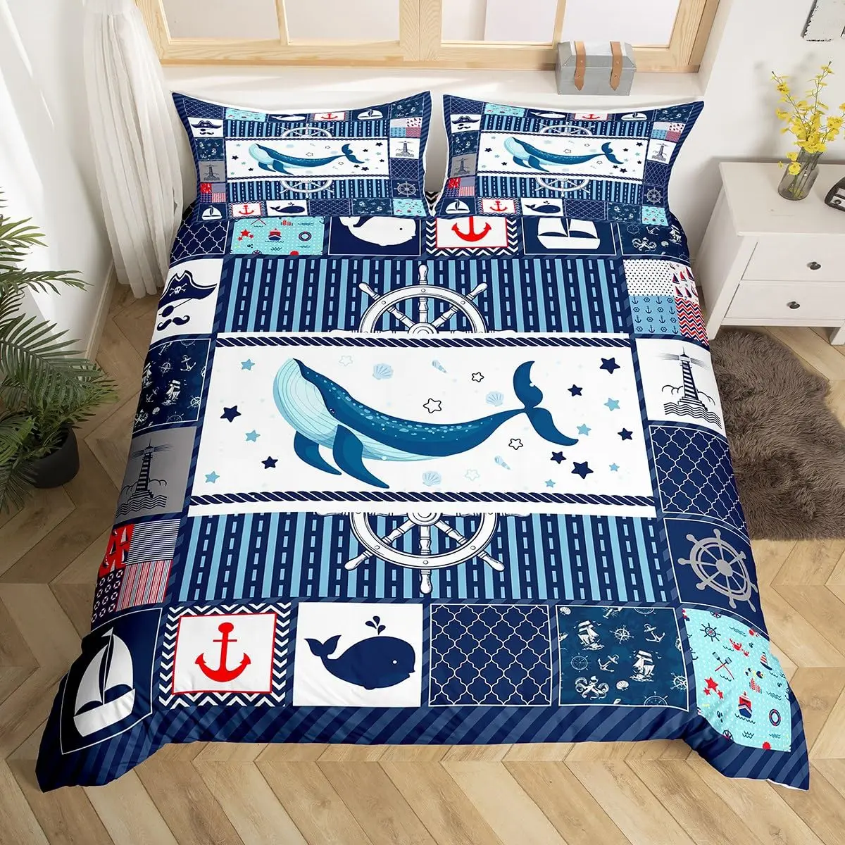 

whale and Anchor duvet cover set for teens kids boys queen Lightweight Bedspread Cover bedroom Decor Navy Blue Ocean Bedding Set
