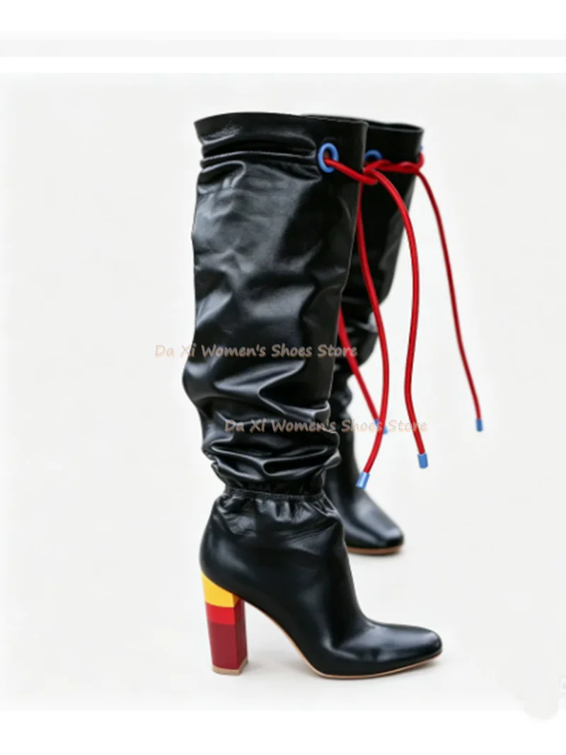 Black Pointed Tip Rainbow-Colored Color-Blocking Chunky Heel Knee-High boots Drawstring Slouch Boots Women's Party Winter Boots