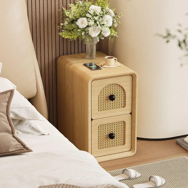 Solid wood medieval crevice bedside table new rattan small household modern simple bedroom bedside