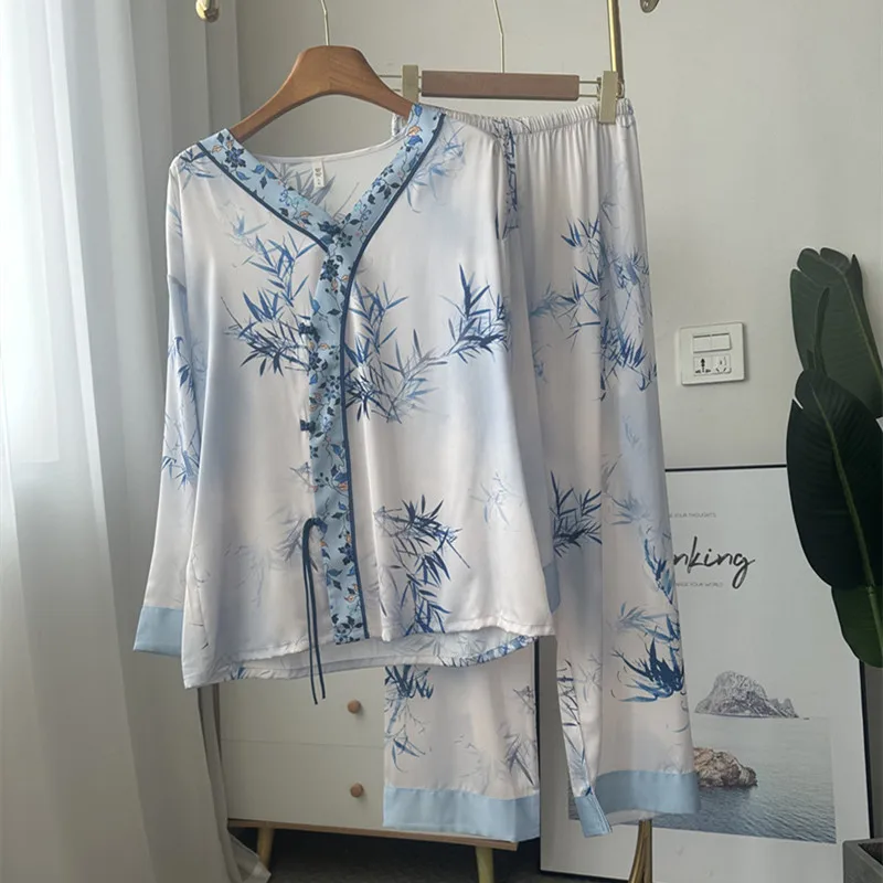 

New Chinese Style Home Clothes Women Loose V-Neck Sleepwear Long Sleeve Top Pants 2Pcs Pajamas Suit Soft Rayon Homewear Outfit