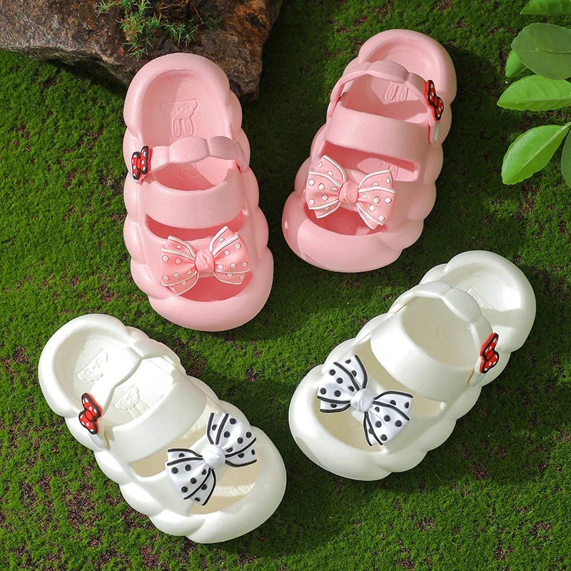 Summer Bow Baby Slippers For Children Cold Slippers Indoor Non-Slip Soft Bottom Comfort Cute Baby Hole Shoes Girls Home Slides