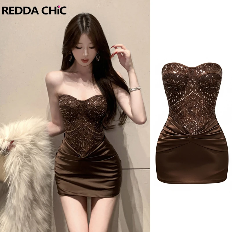 

ReddaChic Sequin Sparkly Party Dress Retro Open Back Strapless Corset Patchwork Shirred Bodycon Mini Dress Evening Women Clothes