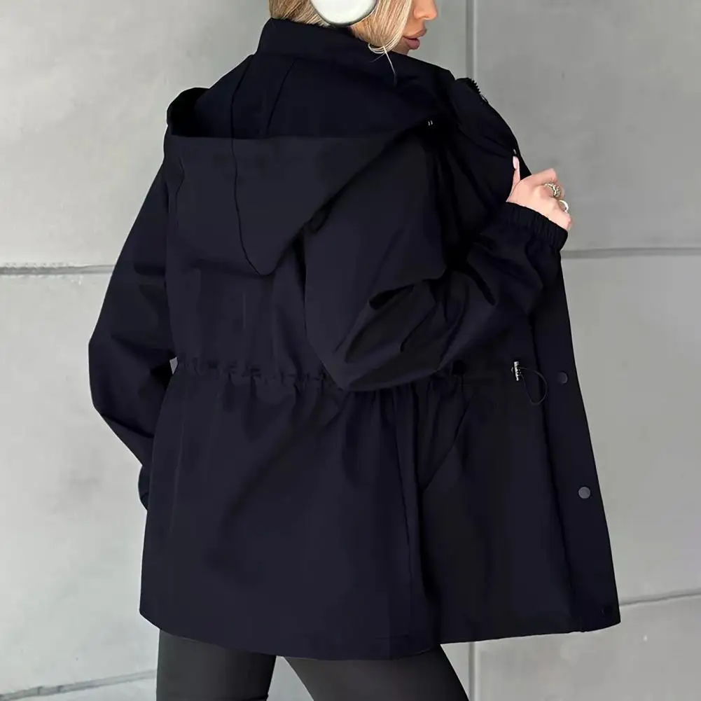 Functional Women's Jacket Lightweight Windbreaker Jacket for Women with Snap Buttons Zip-up Hoodie Waist Drawstring Windproof