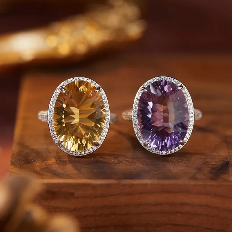 Big Carat Natural Amethyst Citrine Ring Women's S925 Silver Xiaohongshu Douyin Live Color Treasure Jewelry Explosion