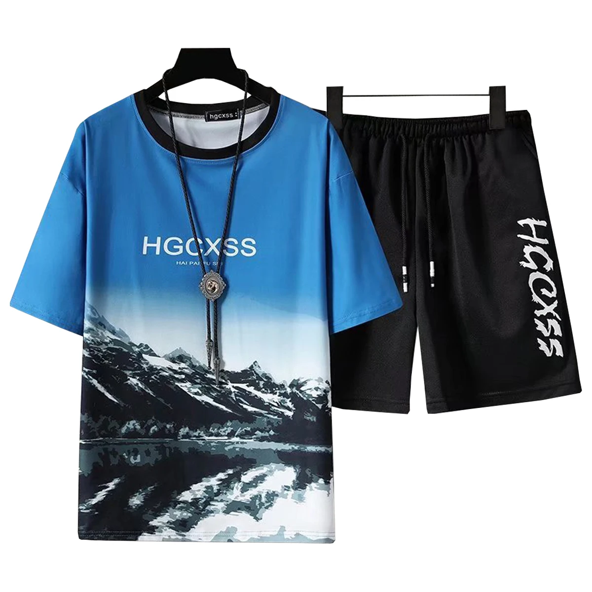 Men's Short Sleeved T-shirt Casual Shorts Letter Gradient Printed Pattern Round Neck Top Youth Student Summer Sportswear