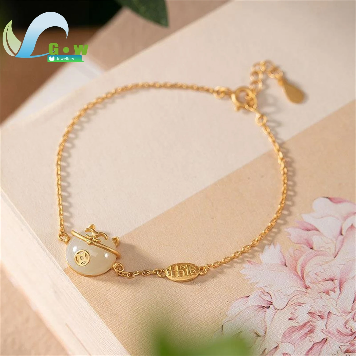 

Элегантный женский браслет из натурального нефрита Hetian с изображением кота из стерлингового серебра S925, позолоченный классический индивидуальный дизайн, уникальный подарок ручной работы