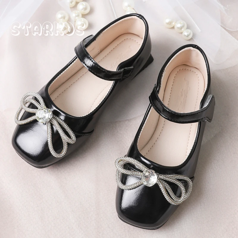 Zapatos de Ballet con lazo y diamantes de imitación para niños y niñas, Zapatos planos de charol, Mary Janes, elegantes, de cristal, para fiesta de