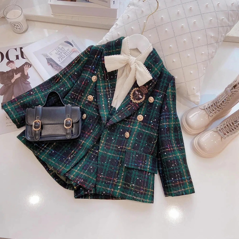 

Fashion Baby Girl Clothes Set Autumn Spring Vintage Plaid Blazer Outwear Coat +Shorts Children's Clothing Outfits Suit 2pcs 2-7Y