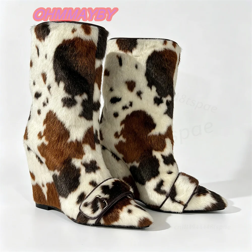Women Cow Print Mid Calf Boots Pointed Toe Block Heels Furry Finish Wide Vamp Strap Multicolor Animal Pattern Fall Winter Shoes