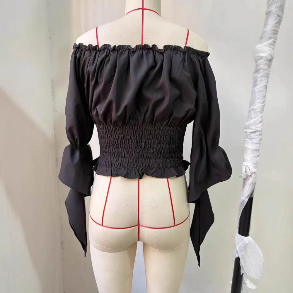 เสื้อชาวนายุคเรเนซองส์สตรีปิดไหล่ ผูกคอเดียว เสื้อแขนบาน