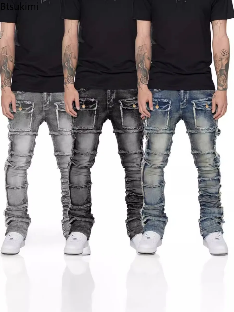 New Men's Retro Cargo Jeans Pants Stretchy Ripped Washed Cotton Y2k Pants Fashion Patchwork Straight Leg Denim Trousers for Men