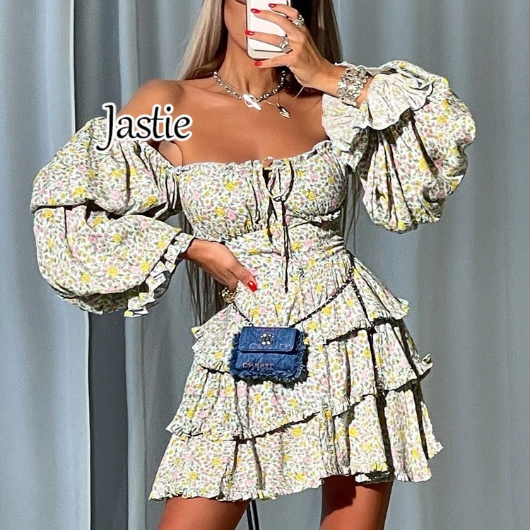 Jastie Sexy Boho Print Vrouwen Jurken 2024 Mode Slash Hals Lange Mouw Mini Jurk Elegante Hoge Taille Ruche Zomerjurk