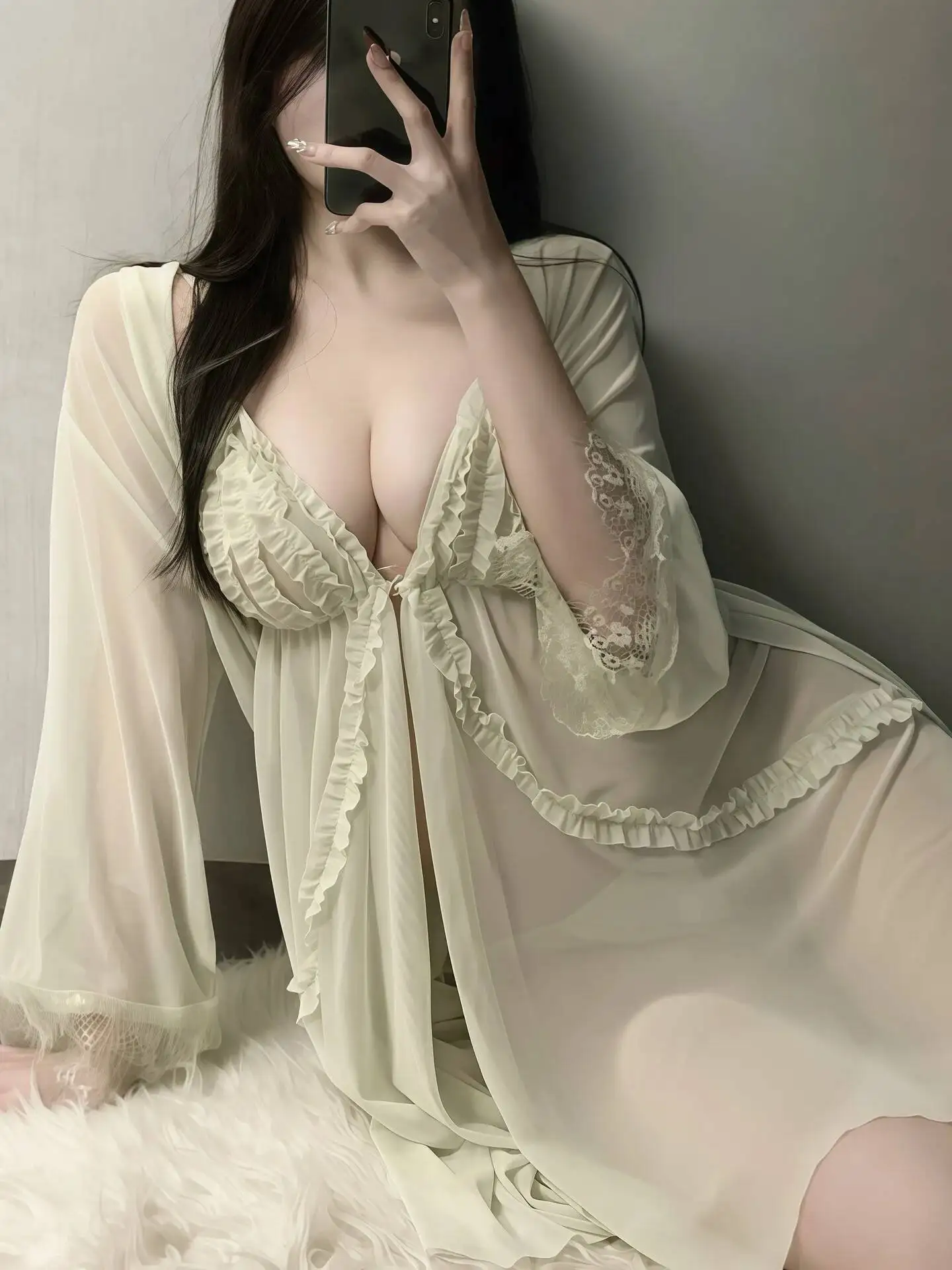 플러스 사이즈 섹시 퓨어 디자이어 나이트드레스 홈 섹시 파자마 투명 메쉬 캐미솔 레이스 트림 메쉬 스플라이싱 드레스 매력적인 2Y07