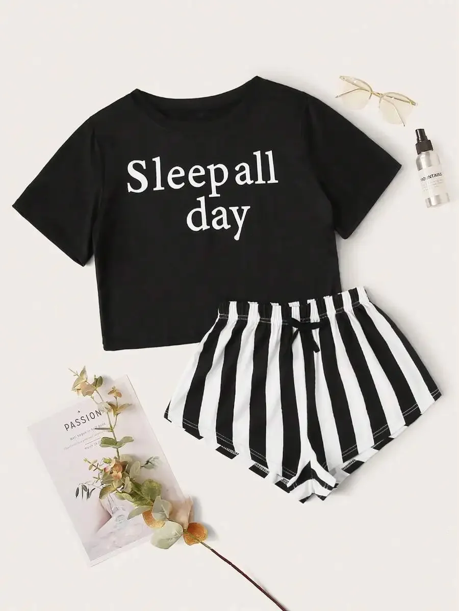 

Black Letter Print Crop Top And Striped Shorts Pajama Set