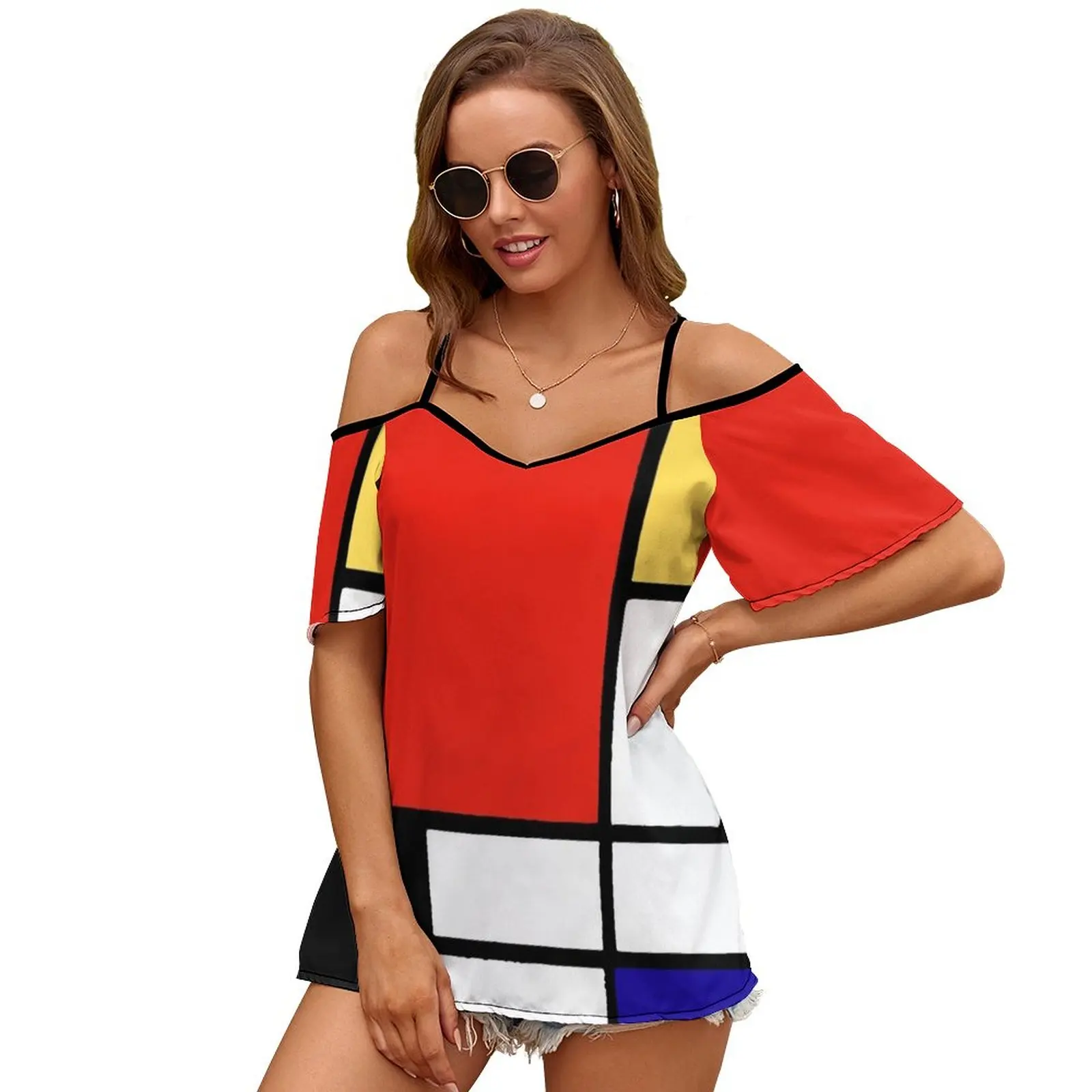 Mondrian Sexy And Club Fashion Female T-Shirt Short Sleeve Off Shoulder Lady T Shirts Mondrian Geometric Primary Colours