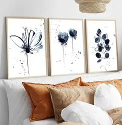 Watercolor flower poster abstract ink blue leaf wall painting art on canvas modern minimalist image  mural roomdecoration