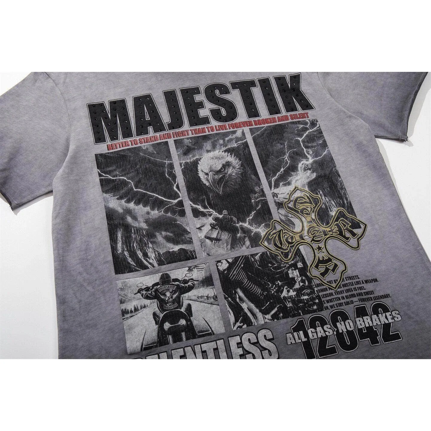 MAJESTIK American Retro Beaded Letter Men's and Women's Washed Antique Loose Street Casual Rolled Edge Short-Sleeve T-Shirt