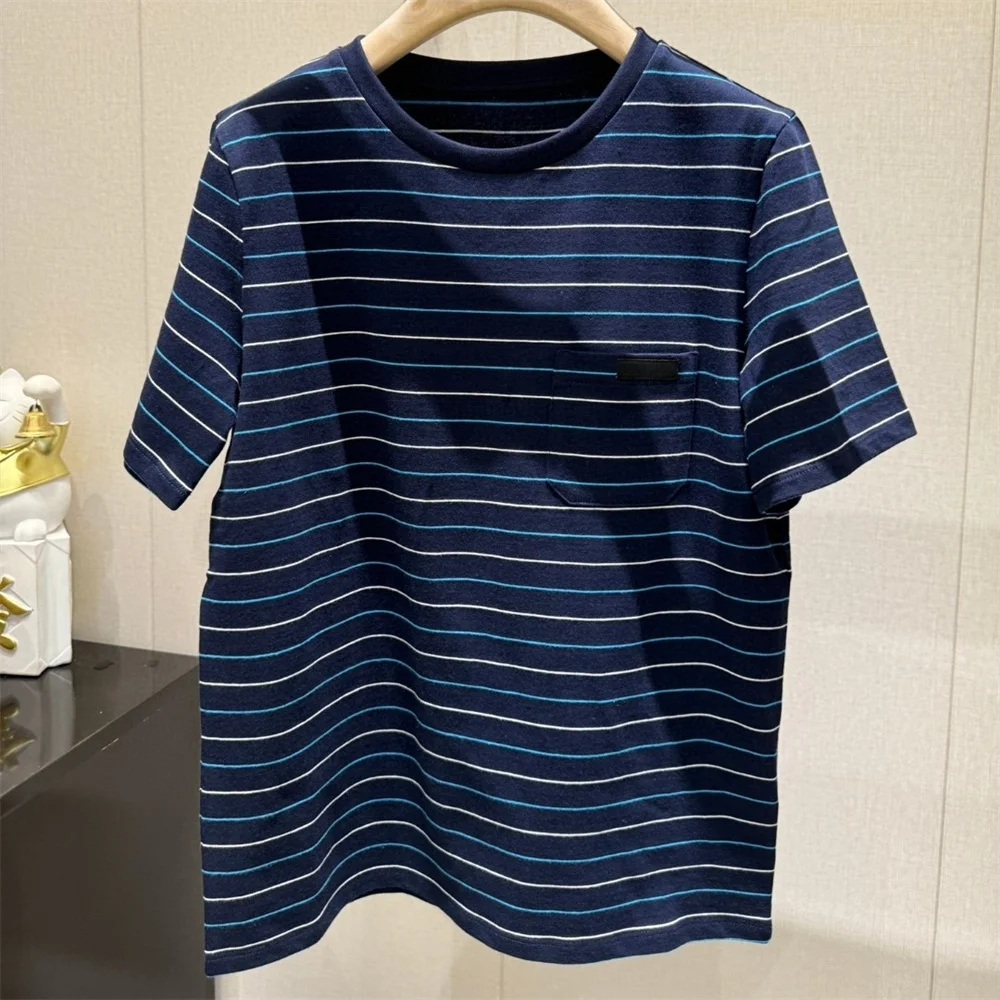 Camiseta de manga corta con cuello redondo para mujer, ropa de calle de verano con bordado de punto elástico, color azul, AA896222, novedad de 2024