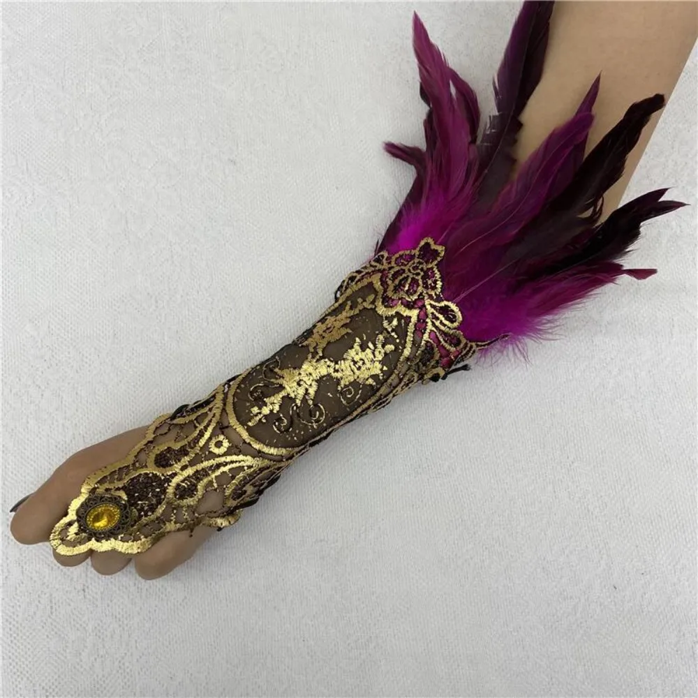 Costume Witch Halloween Feather Gloves Embroidery Retro Women Feather Lace Glove Dark Halloween Halloween Feather Cuffs Women