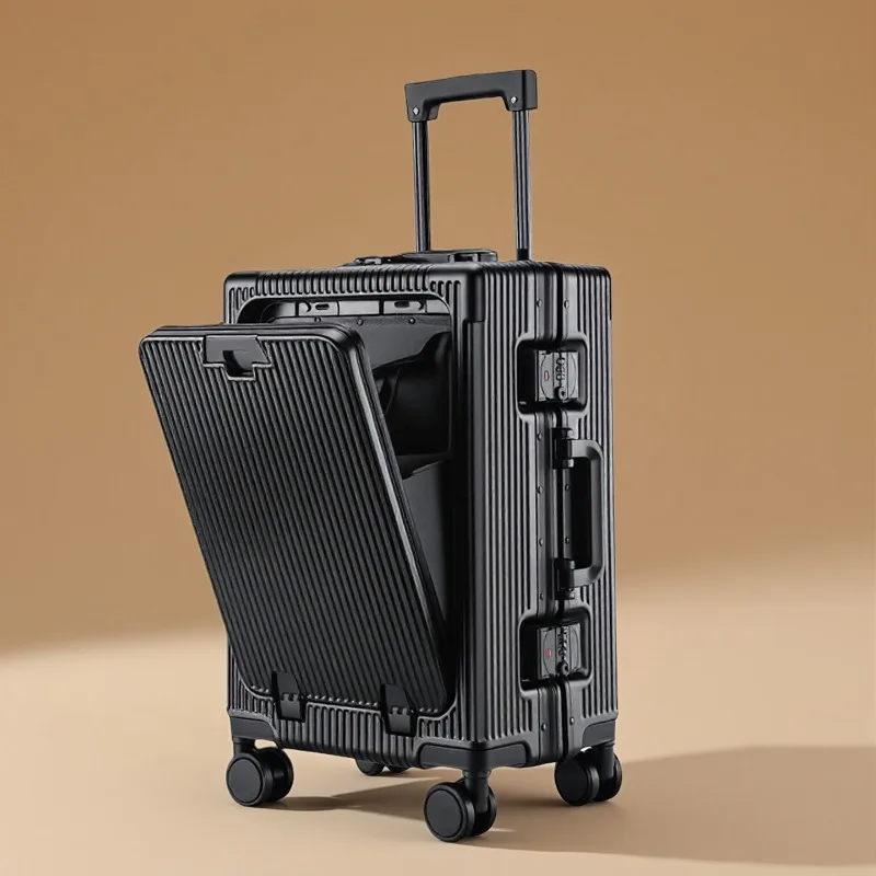 Black flip-up 20-inch suitcase for men and women 26 front door tie rod universal wheel large capacity 24-inch USB port