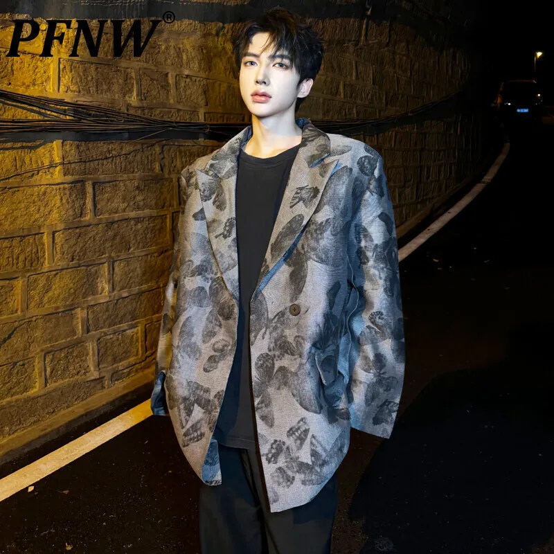 PFNW Korean Trendy = Print Blazer Men's Loose Causal Niche Design Single Breasted Butterfly Suit Coat Spring 2025 New 12C2180