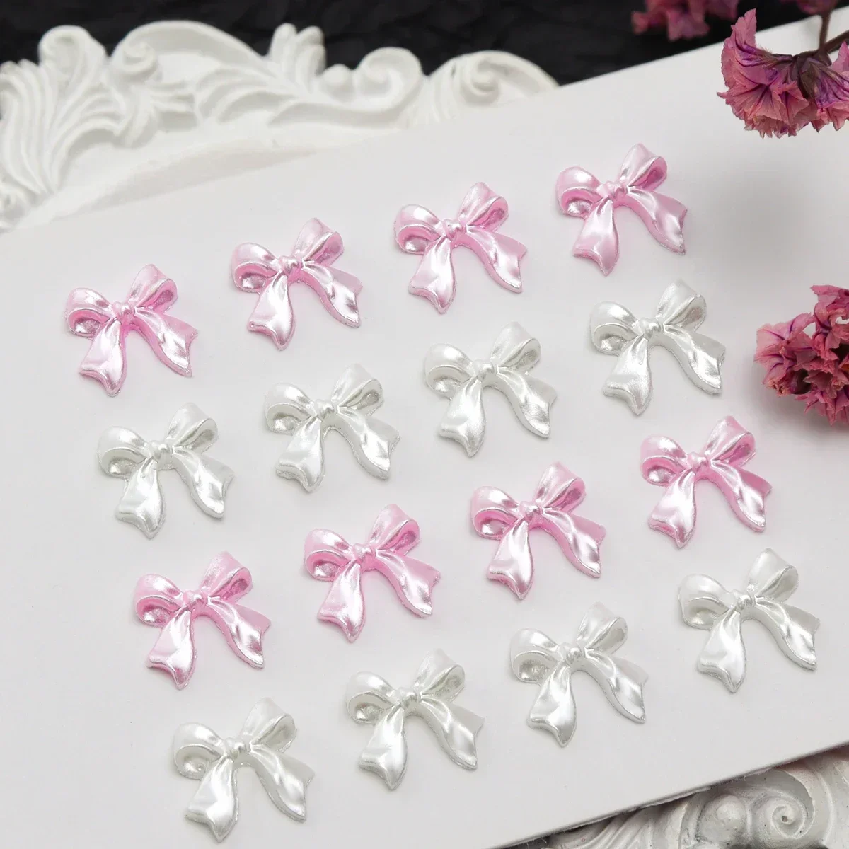 30pcs Pearl Color Ribbon Bow Nail Charms Parts Kawaii Pink White Bows Decoration Accessories Nail Art Design Supplies