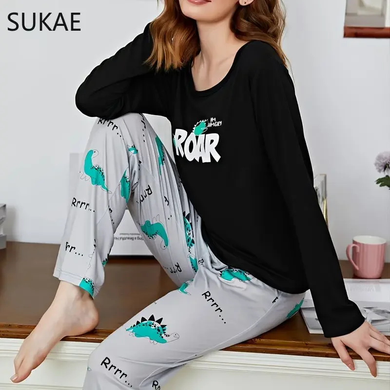 SUKAE Koala King Cartoon Nightwear Autumn Winter Pjs New Thin Women Pajamas Set Round Neck Long Sleeves Pijamas Casual Sleepwear