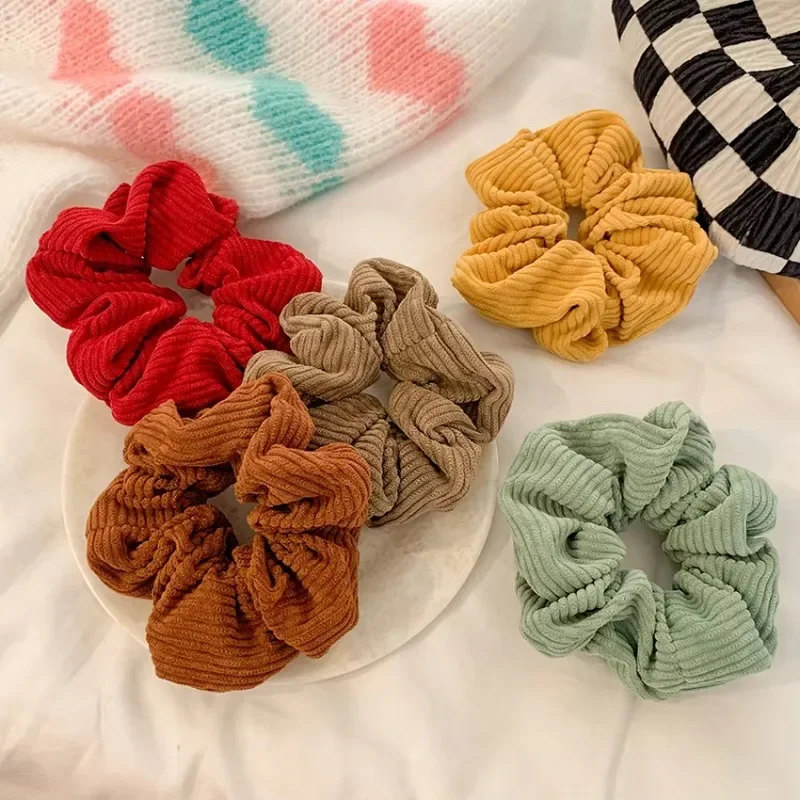 Vintage Color Winter Faux Warm Corduroy Hair Scrunchies Elastic Hair Band For Woman Girls Ponytail Holder