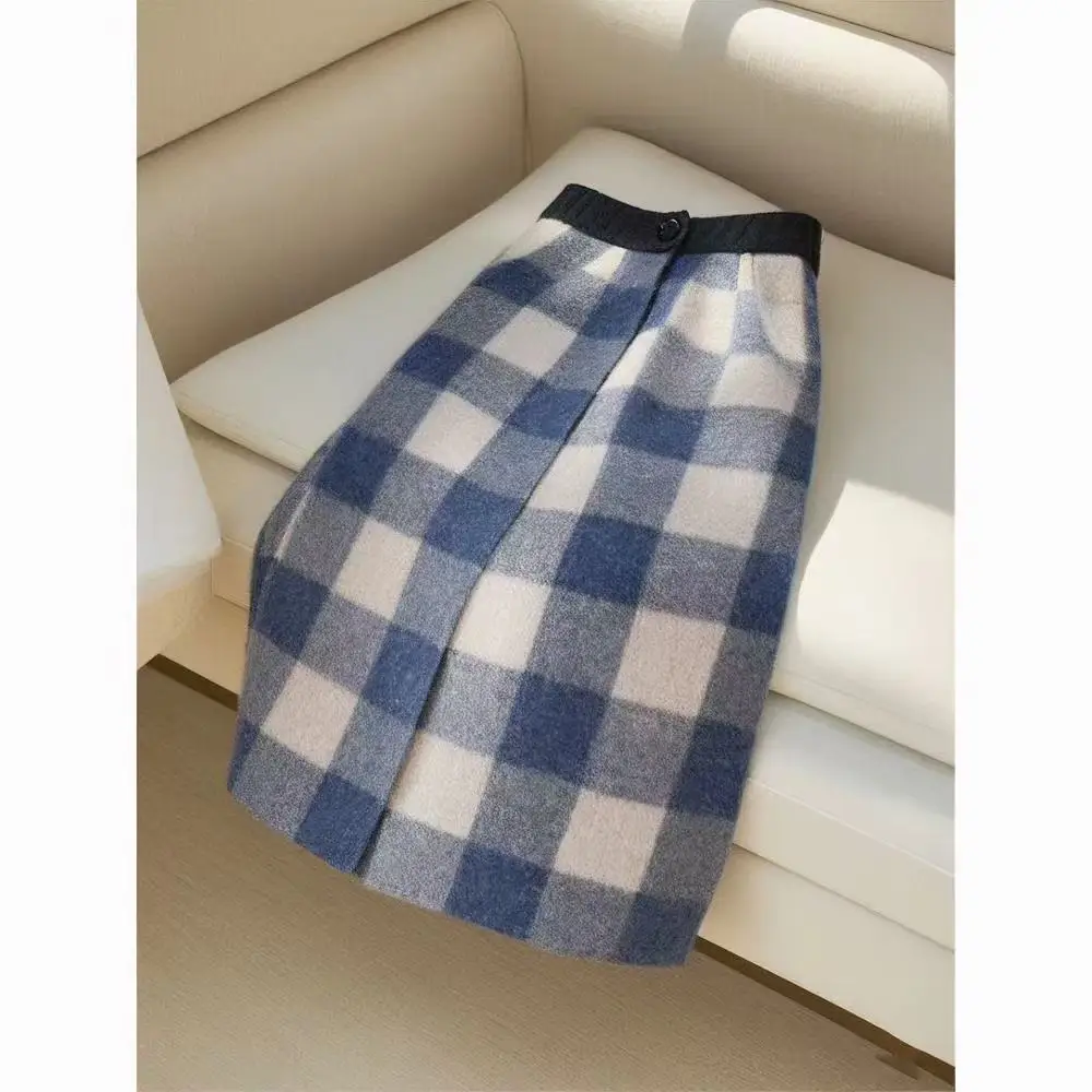 

Women's Woolen Bule Plaid Office Lady Half Skirt Autumn Winter Elegant High Waist Mid A-Line Skirts Beautiful Versatile Skirts