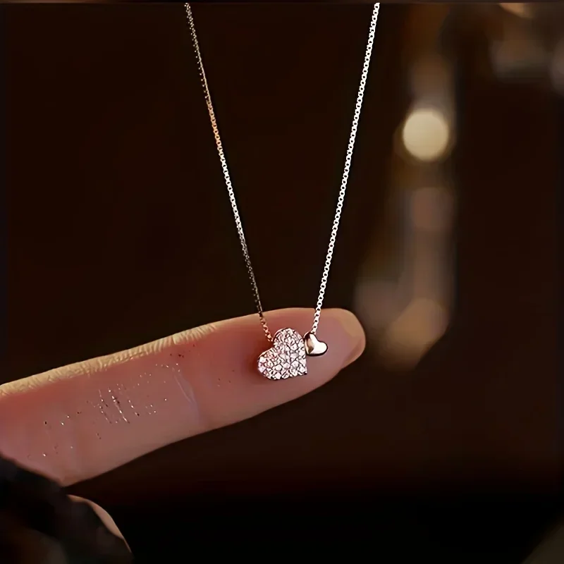 كوريا Ins موضة لامعة مطعمة زركونيا مزدوجة الحب قلادة قلادة المرأة تصميم بسيط الزفاف مأدبة مجوهرات اكسسوارات #1