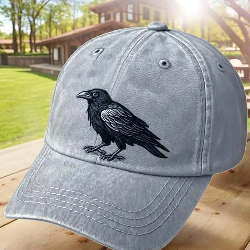 A0KD Gothic Baseball Cap with Embroidered Crow Design Adjustable Wash Cotton Dad Hat for Unisex Adult Everyday Sport Wear