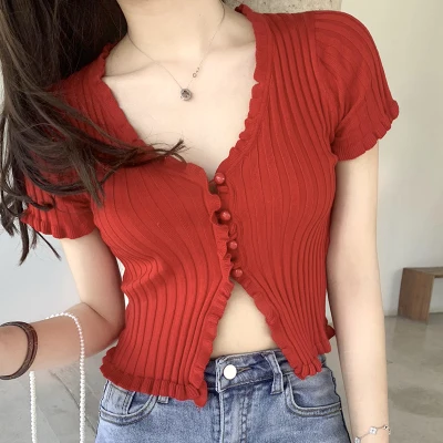 Short Sleeve Crop Knit Top Y2K 90s Button Front Rib-knit Fitted Shirt Women Teengirl Spring Summer Knitwear Outfit