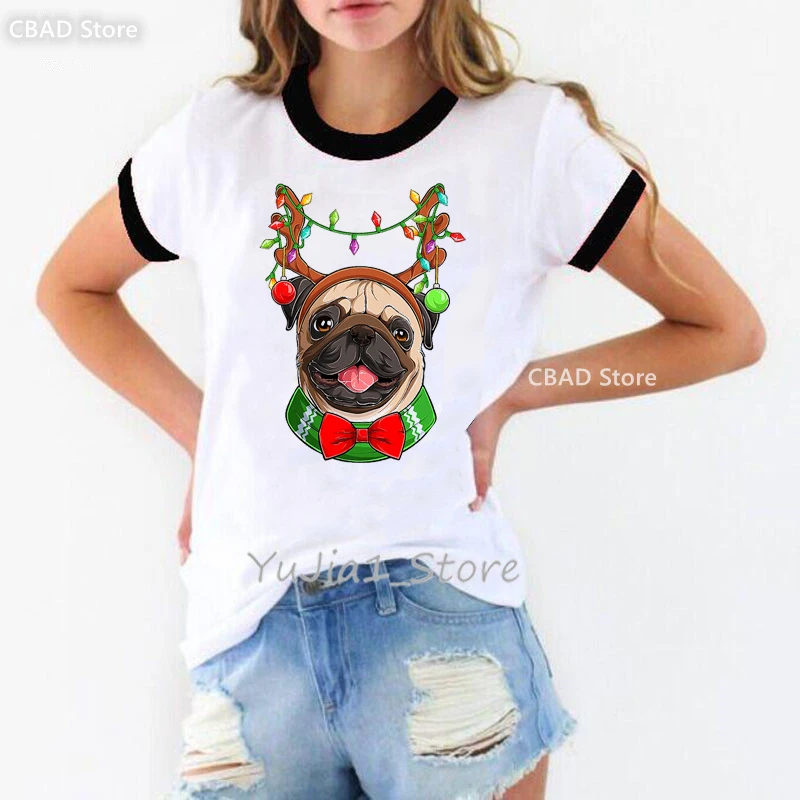 Vrolijk Kerstfeest Yall Pug Grafische Print Tshirt Dameskleding Grappige Hond Minnaar T-shirt Femme Zomer Mode Tops Tee Shirt