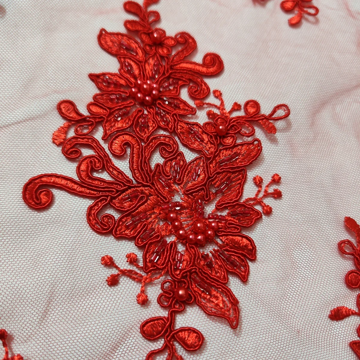 Luxury Handmade Beads Red French Tulle Lace Fabric Sequins Embroidery African Nigerian Lace Fabric For Evening Dress KWH23108