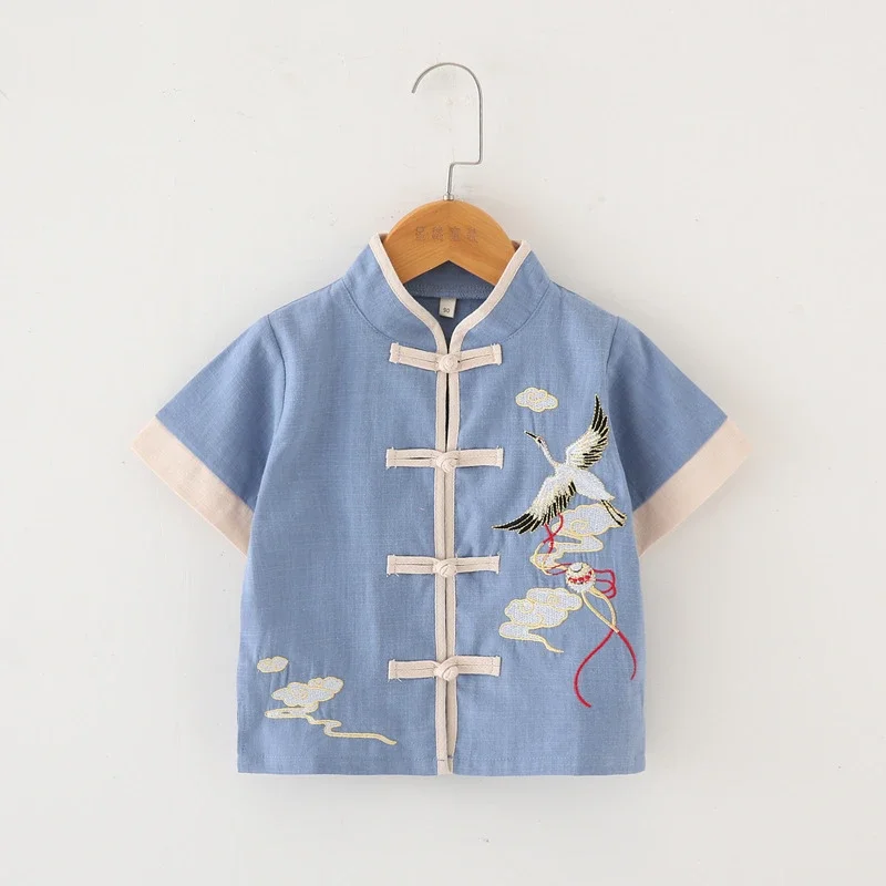 Children Tang Suit Summer Clothes Short-Sleeved Boy Cotton Linen Comfortable Kid Hanfu Embroidery Top Pant Retro Chinese Clothes