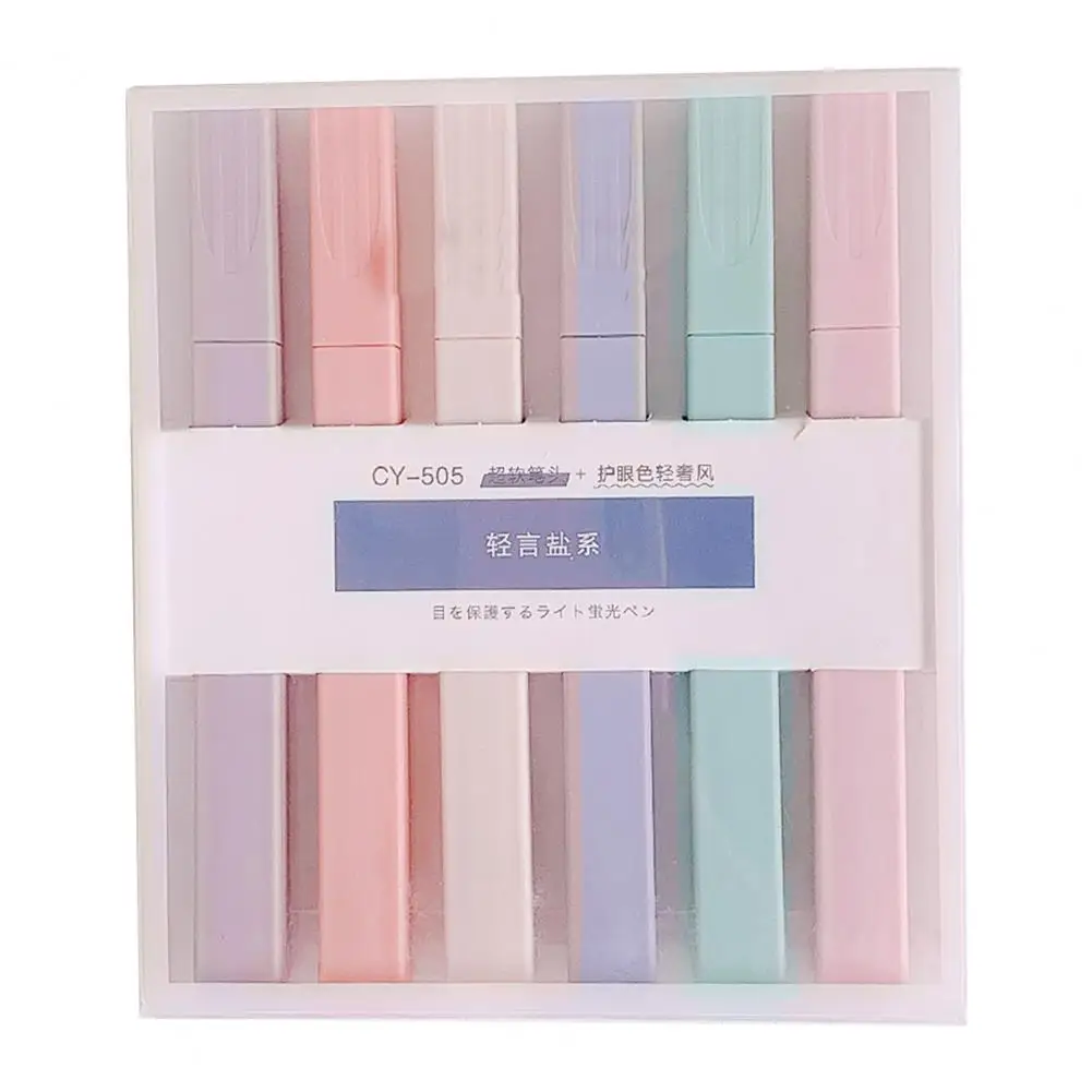 6 ชิ้นปากกาเน้นข้อความสีอ่อนโยนการเขียนเรียบเขียนได้อย่างคล่องแคล่ว 6 สีเรืองแสง Marker นักเรียนเครื่องเขียนสําหรับการเรียนรู้